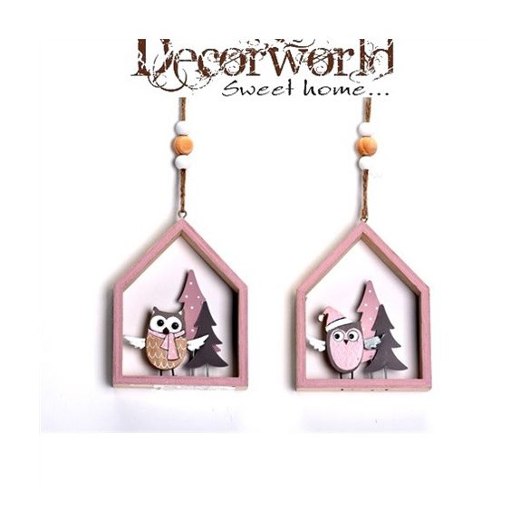 Akasztós dísz fenyőfa fa 10x3x12,5cm fehér-rózsaszín 2 féle