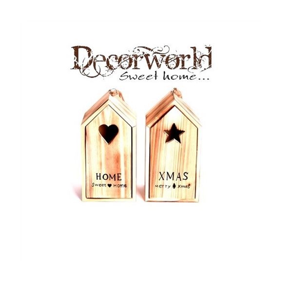 Akasztós dísz házikó felirattal fa 12x10x24cm natúr