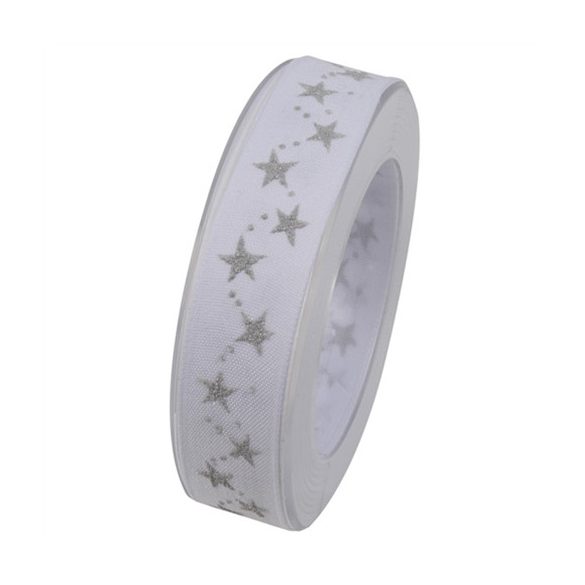 Szalag csillaggal textil 25mm x 10m fehér-ezüst