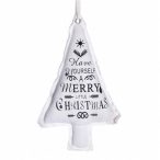 Akasztós dísz fenyőfa felirattal textil 27x14cm fehér