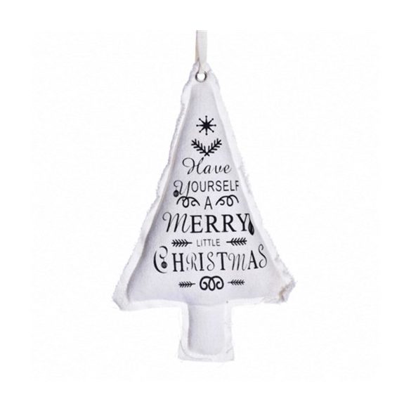 Akasztós dísz fenyőfa felirattal textil 27x14cm fehér