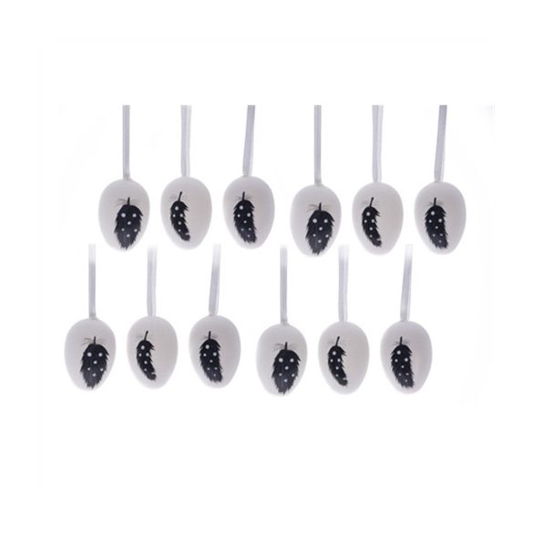 Tojás csőben toll mintával poly 4cm - Fehér S/12