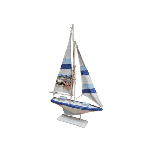 Vitorlás hajó fa nagy 42,5x24x5 cm - Kék/fehér