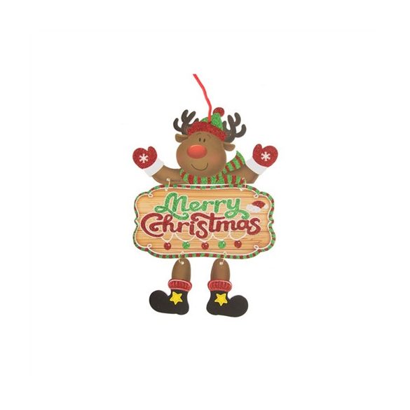 Szarvas akasztós glitteres Merry Christmas felirattal polyfoam 23x22cm barna,zöld,pirosa