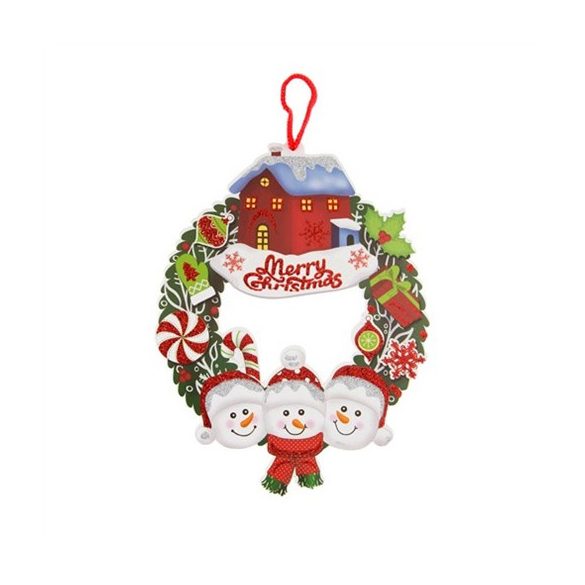 Akasztós dísz Merry Christmas felirattal hóemberrel, házzal polyfoam 24*20cm zöld, fehér