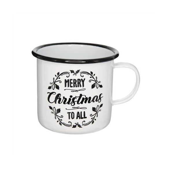 Bögre Merry Christmas felirattal bádog 11x11x10 cm fehér,fekete