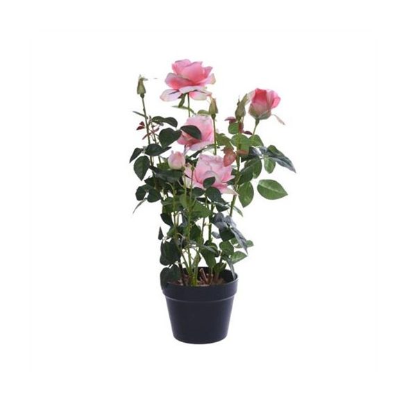 Rózsabokor selyemvirág műanyag kaspóban 61cm - Pink