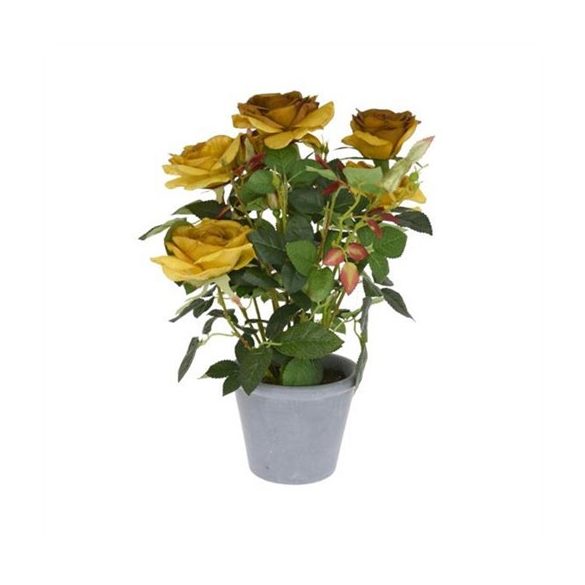 Rózsabokor selyemvirág kerámia kaspóban 51 cm - Okkersárga