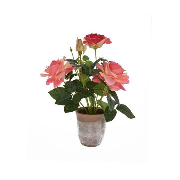 Rózsabokor selyemvirág kerámia kaspóban 36 cm - Rózsaszín