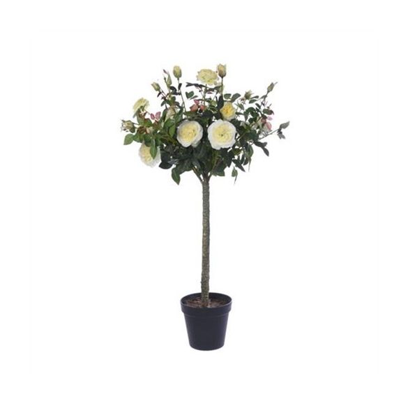 Rózsabokor selyemvirág műanyag kaspóban magasszárú 121 cm - Sárga