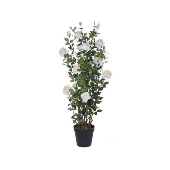 Rózsabokor selyemvirág műanyag kaspóban 127 cm - Fehér