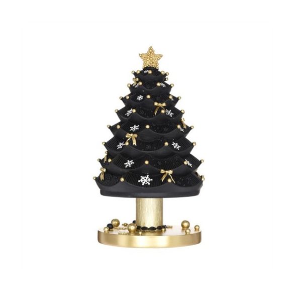 Karácsonyfa csillaggal, masnikkal, forgó, zenélő poly 11,5x11,5x20,5cm - Fekete-arany