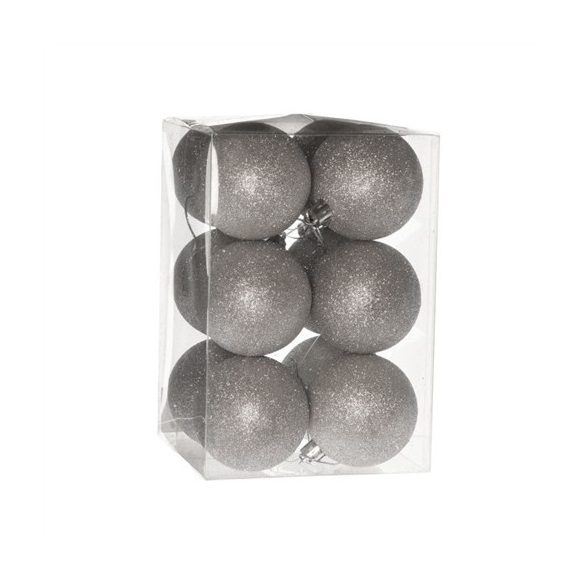 Műanyag gömb dobozban glitteres 6 cm - Ezüst S/12