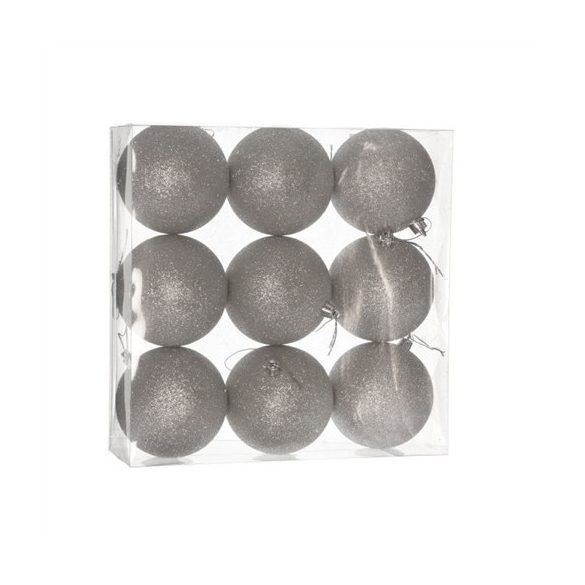 Műanyag gömb dobozban 8cm  glitteres - Ezüst S/9
