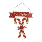   Tábla karácsonyi nyalóka "Merry Christmas" felirattal akasztós fa 20x2x30cm - Fehér/piros