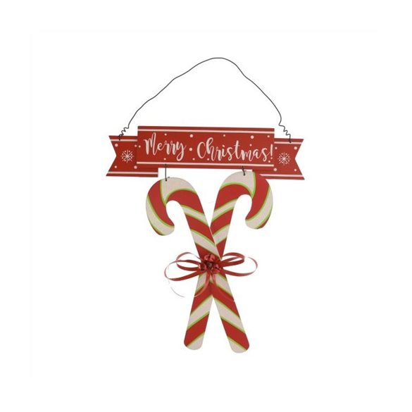 Tábla karácsonyi nyalóka "Merry Christmas" felirattal akasztós fa 20x2x30cm - Fehér/piros