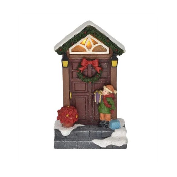 Karácsonyi ajtó gyerekkel, LED-es poly 8,5x6x13,8cm- Bbarna