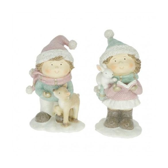 Gyerek fiú, lány nyúllal, szarvassal álló, glitteres, poly, 7,5x7x13,5cm - 2féle