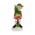   Manó fenyővel, ajándékkal álló, LED-es Poly 13x10x25cm - Piros-zöld