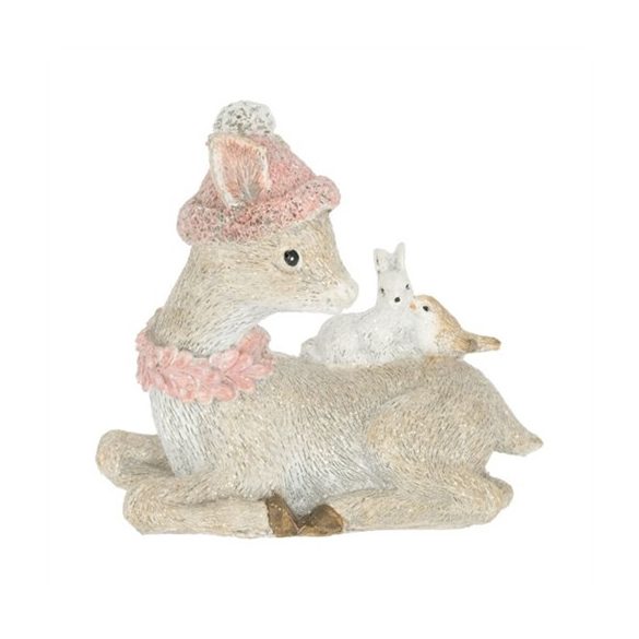 Őz sapkában, madárral, nyúllal fekvő, glitteres 10x4x10 cm