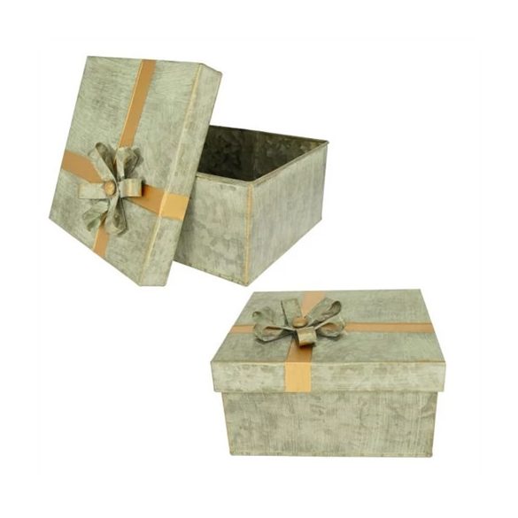 Doboz szalaggal fém 24x24x14 cm, 19x19x9,5cm szett - Zöld, bronz S/2