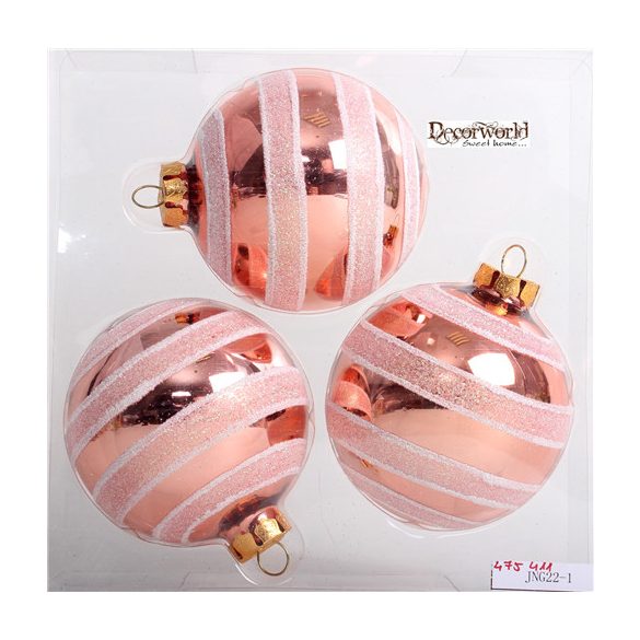 Kd. üveg Gömb fényes csíkos rosegold 8cm S/3