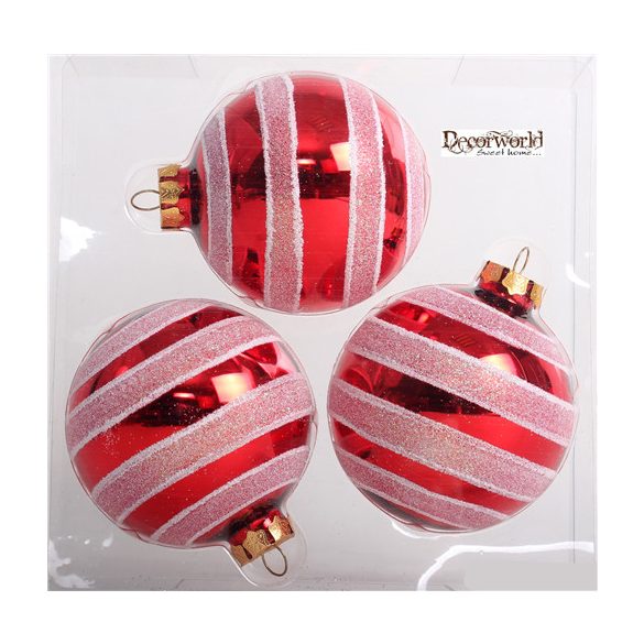 Kd. üveg Gömb fényes csíkos piros 8cm S/3