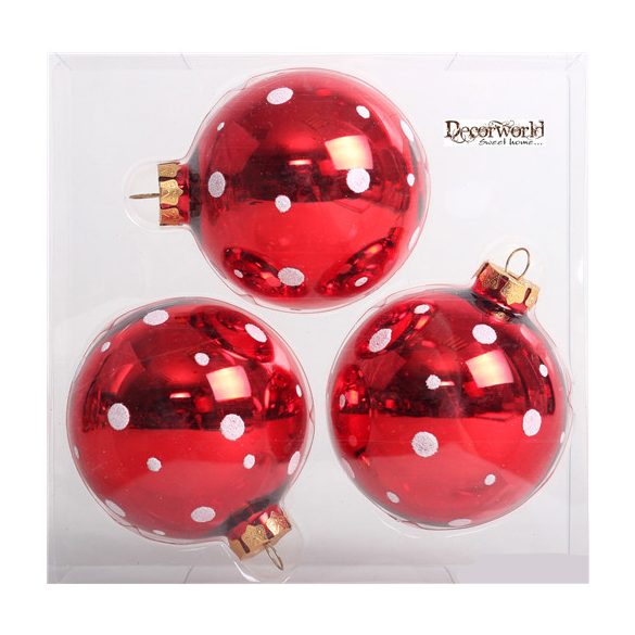 Kd. üveg Gömb fényes pöttyös piros 8cm S/3