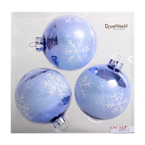 Kd. üveg Gömb fényes cukros hópihés lila 8cm S/3