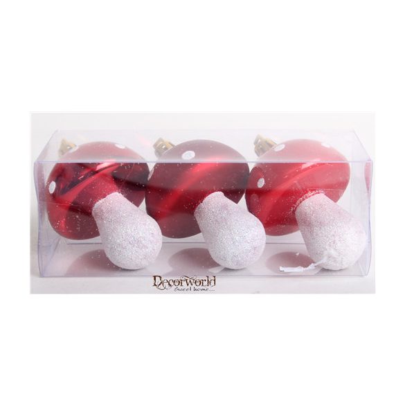 Akasztós dísz Gomba fényes/matt/glitter 7cm - Piros S/3