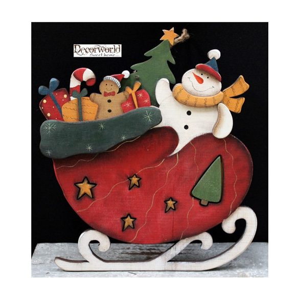 Fa akasztós szán zsák+hóember 30x26cm