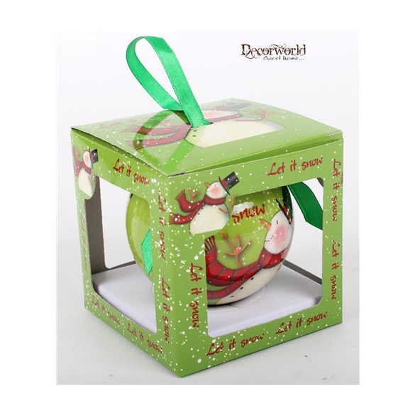 Gömb Piros/zöld Hóember díszdobozos 7,5cm