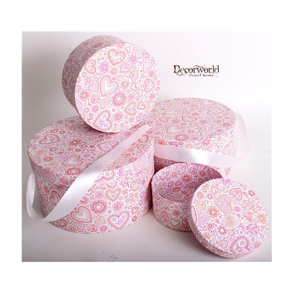 Papírdoboz szalaggal kerek szív motívumos 22x12cm