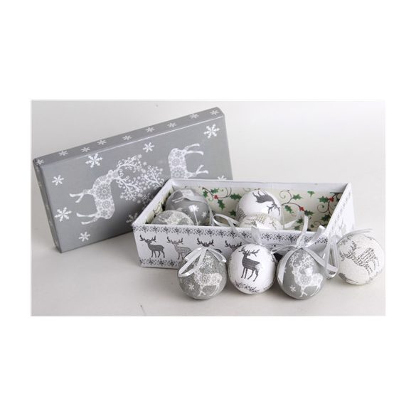 Gömb S/8db szürke/fehér szarvas 5cm