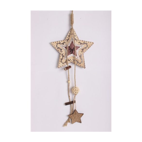 Dek. Fa Csillag/kockás szalag + akasztós 12cm