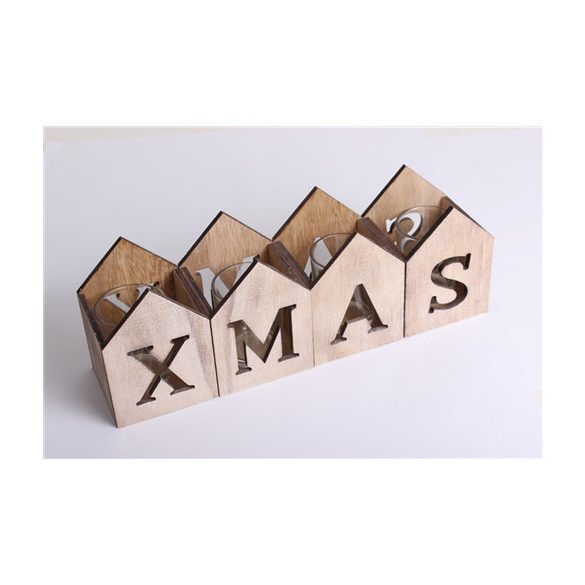 Fa Mécsestartó x4 +öveg házak Xmas - Natúr