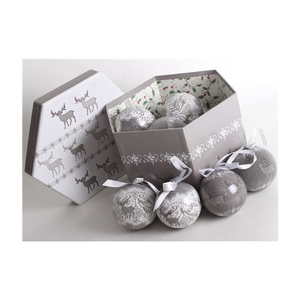 Gömb S/14db szürke/fehér szarvas 7,5cm