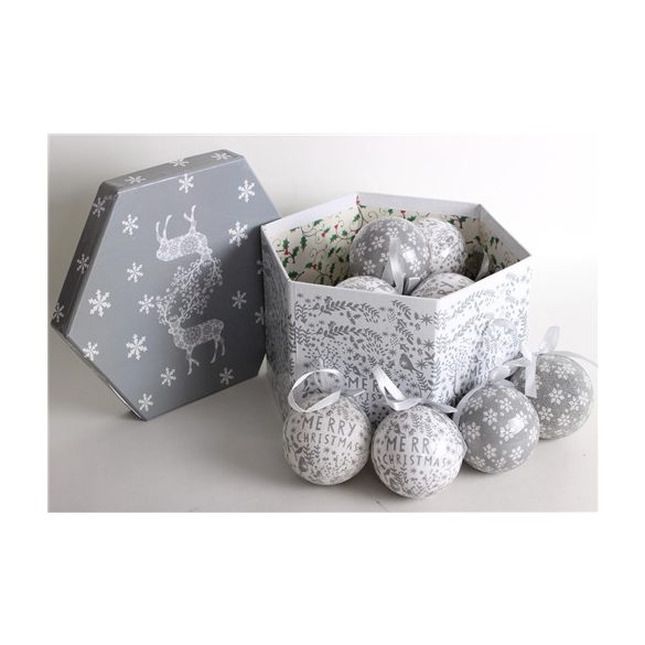 Gömb S/14db szürke/fehér hópihe 2 féle 7,5cm