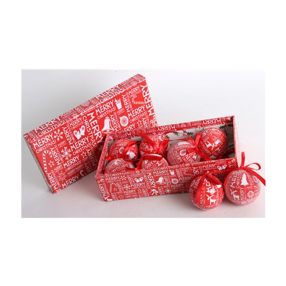 Gömb S/8db piros/fehér Merry Christmas 5cm