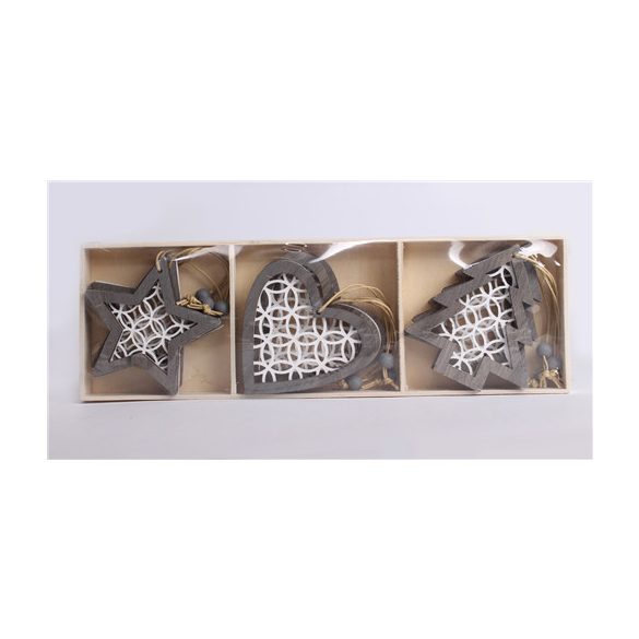 Fa akasztós kari díszek S/9db szürke/fehér 7cm