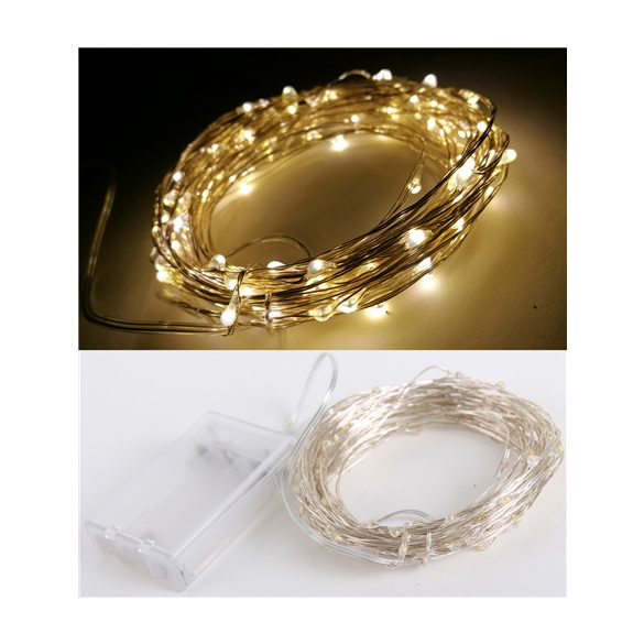 Égősor 100 LED-es elemes drótós 10m - Melegfehér (3 db AA, elem nélkül)