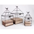 Fa virágtartó + fém kalitka madárral 38 cm - Natúr S/3