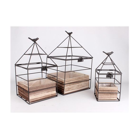 Fa virágtartó + fém kalitka madárral 38 cm - Natúr S/3