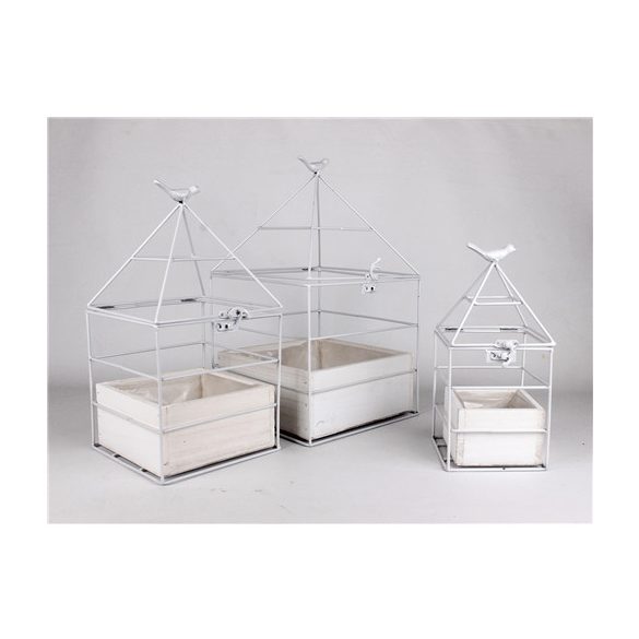 Fa virágtartó + fém kalitka madárral 38 cm - Fehér S/3