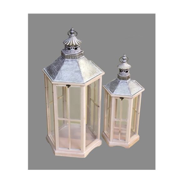 Fa lámpás szett 6szög 62 / 80 cm - Natúr/fehér