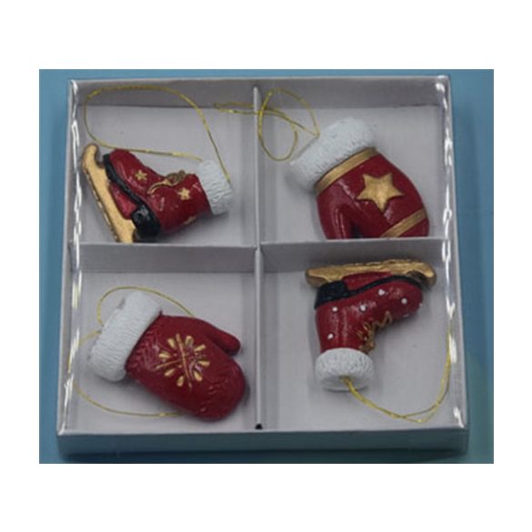 Porcelán karácsonyfa dísz 4db akasztós 4x3cm - Piros