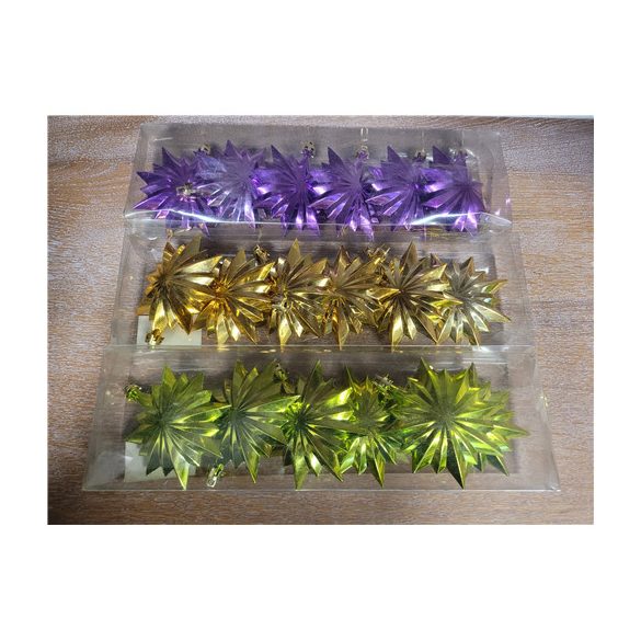 Karácsonyfa dísz csillag, több színben (zöld/arany/lila), csomag/ 6 db