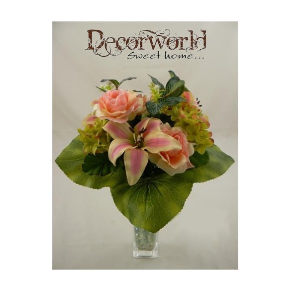 Szatén Liliom, Hortenzia, Rózsa vegyescsokor 34cm