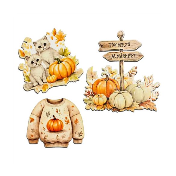 Nyomtatott dekorkarton 10cm - Rajzos útjelzős őszi dekor (3db/csomag)