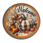   Nyomtatott fa tábla koszorú közép 14,8cm - Welcome kockás tökkel 